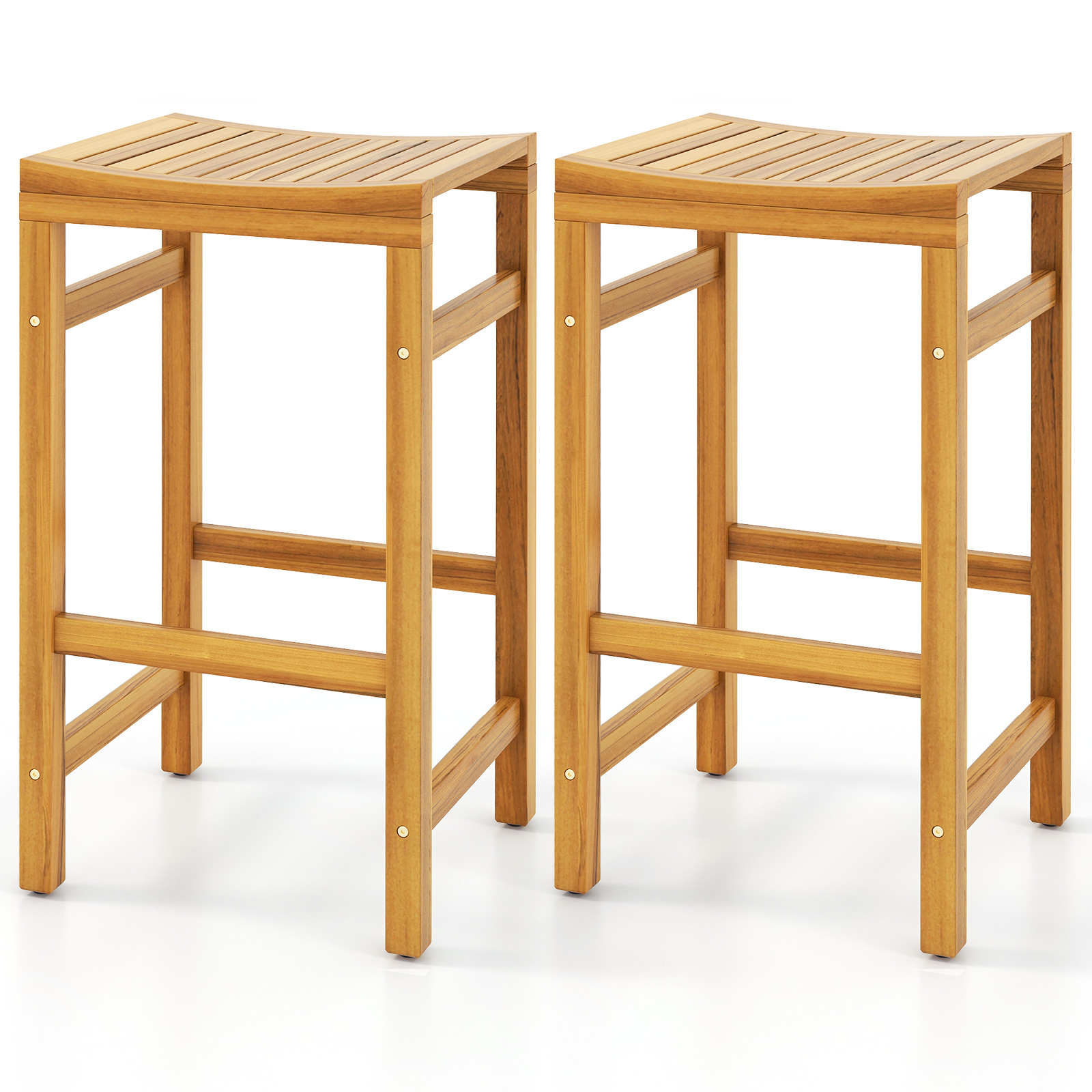 Topbuy 2-Pack Outdoor Bar Stools Patio Bar Stools w/ Ergonomic Seat \u0026 Comfortable Footrest Acacia Wood Bar Stools Set